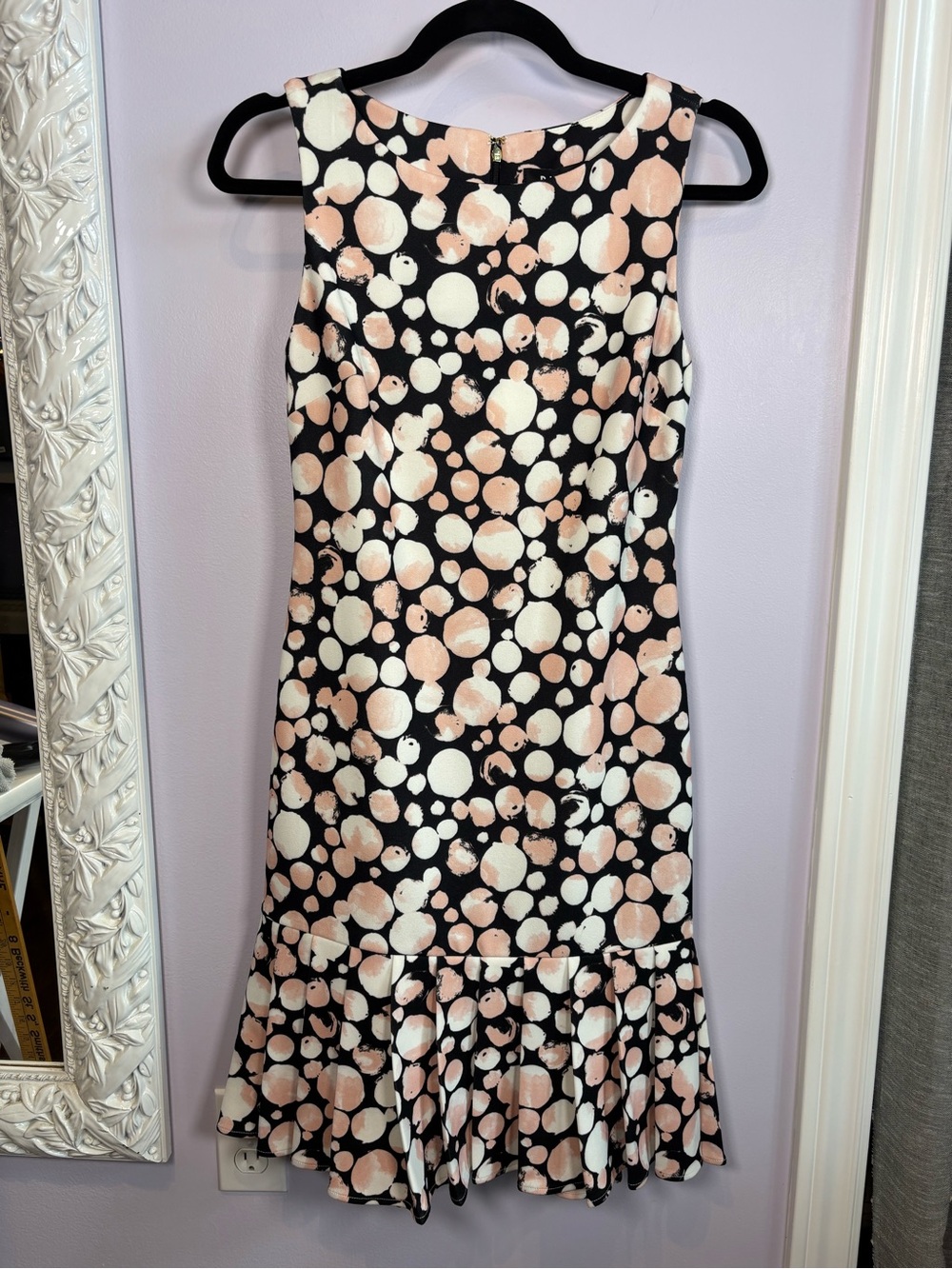 DKNY Black Dress with Peach & Cream Polka Dot Print Size 2 NWT